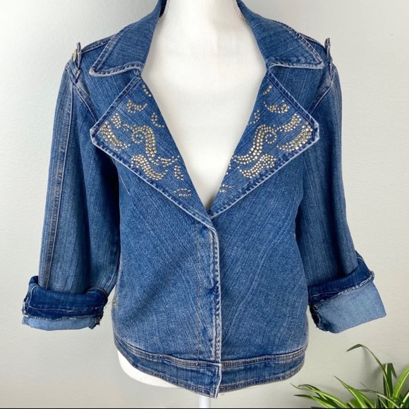 Plus Size 1X Jean Jacket Vintage Bling Zippers Crest Jeans - Picture 2 of 12